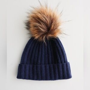 Quince Mongolian Cashmere Ribbed Navy Beanie‎  with Pom pom